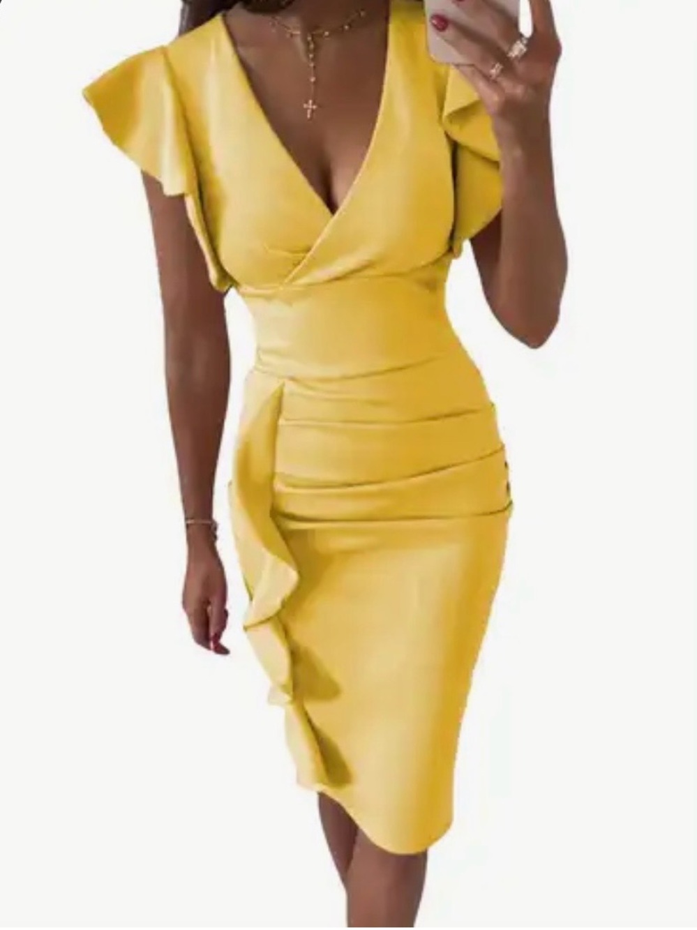 Source Unknown Yellow Ruffle-Detail V-Neck Midi Dress